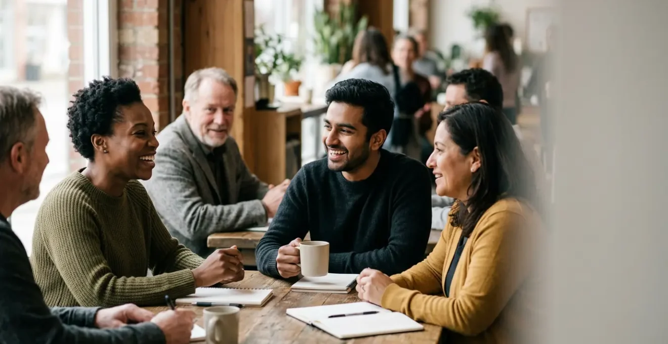 Diverse group of people engaged in authentic conversation around shared values and mutual support