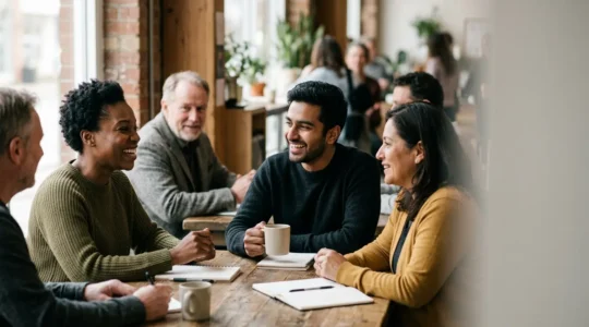 Diverse group of people engaged in authentic conversation around shared values and mutual support