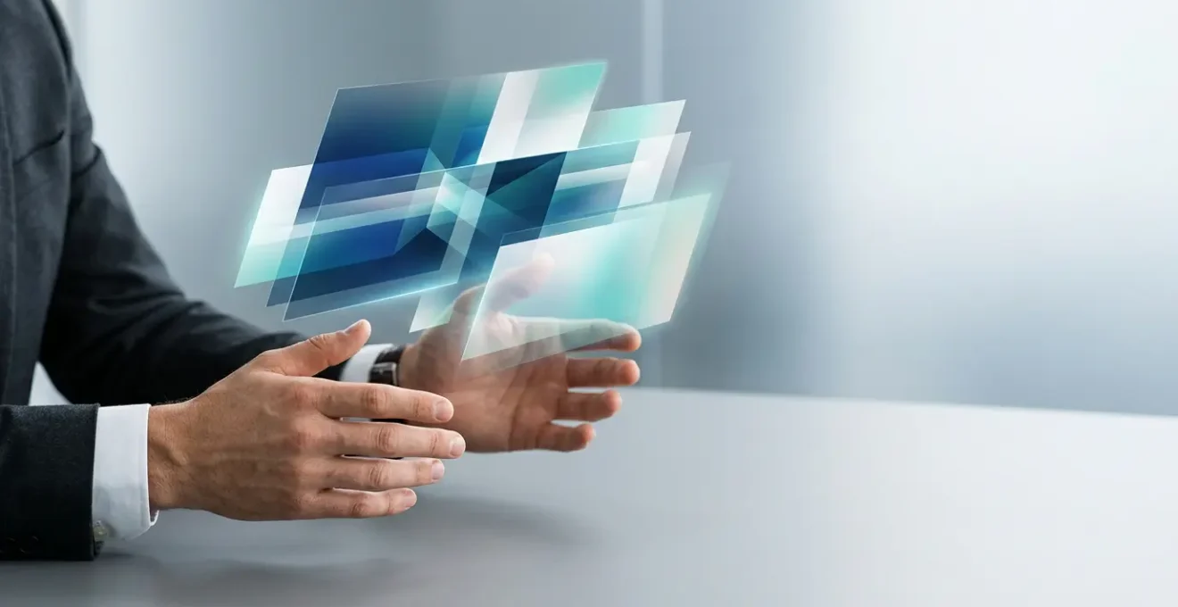 Professional hands analyzing business data visualization with layered firmographic segments and precision targeting metrics