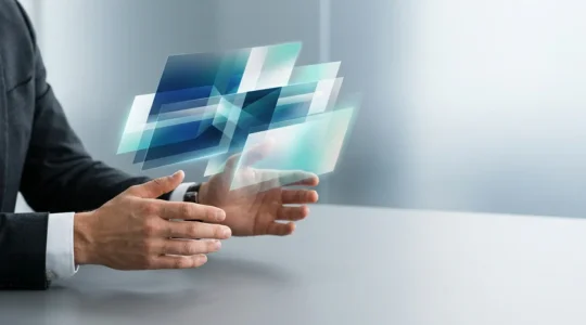 Professional hands analyzing business data visualization with layered firmographic segments and precision targeting metrics