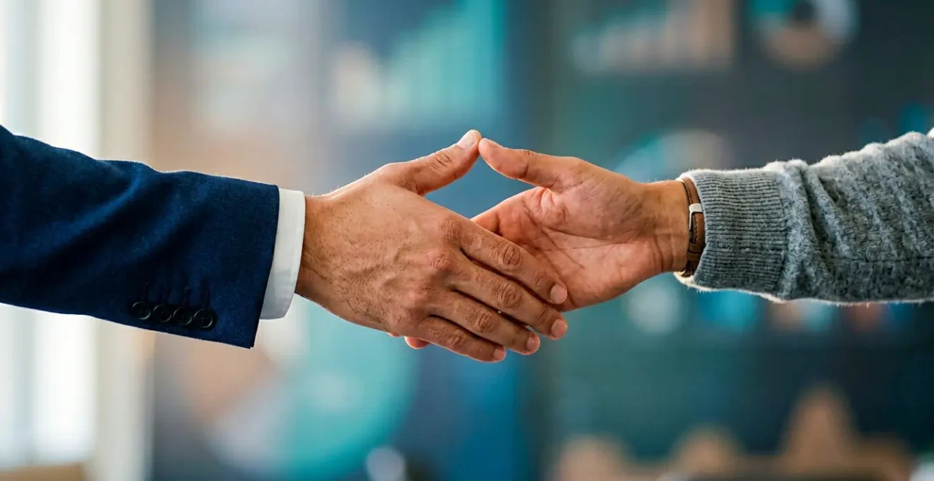 Professional photograph showing hands in collaborative gesture representing data trust exchange between business and customer