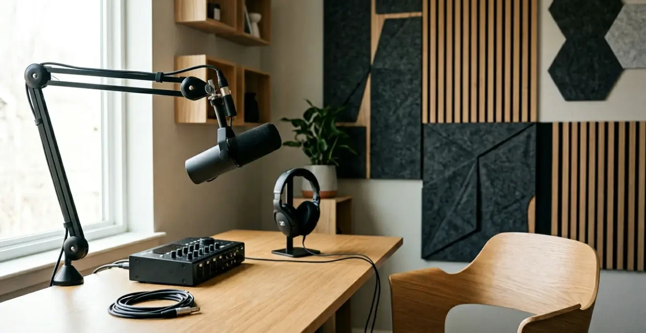 Professional podcast recording studio with dynamic microphone and sound treatment panels in natural lighting
