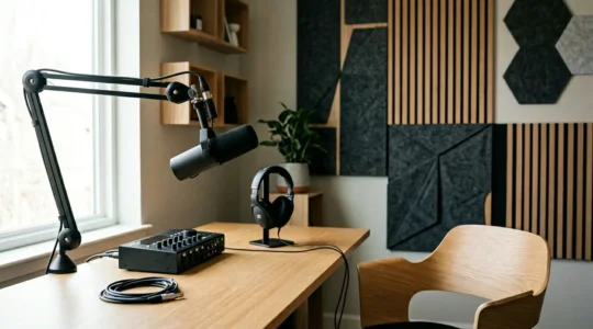 Professional podcast recording studio with dynamic microphone and sound treatment panels in natural lighting