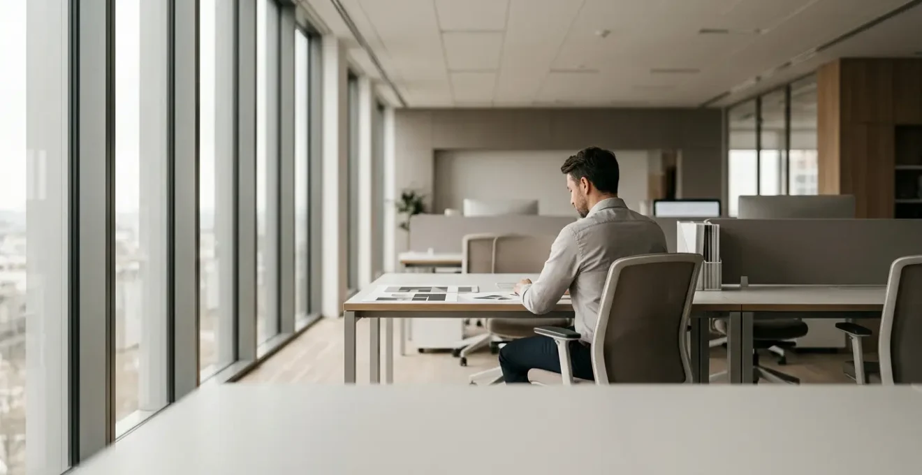 Modern marketing professional reviewing AI-powered dashboard analytics in clean workspace environment