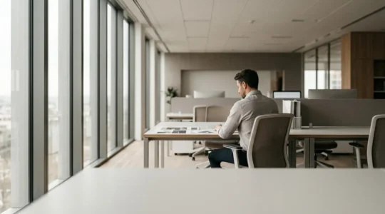 Modern marketing professional reviewing AI-powered dashboard analytics in clean workspace environment