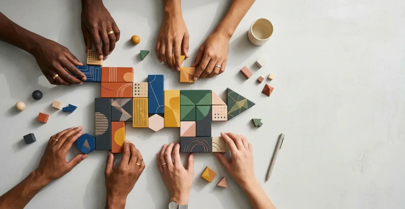 Diverse marketing professional hands arranging modular content blocks on sleek digital workspace surface