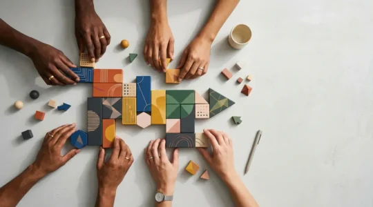Diverse marketing professional hands arranging modular content blocks on sleek digital workspace surface