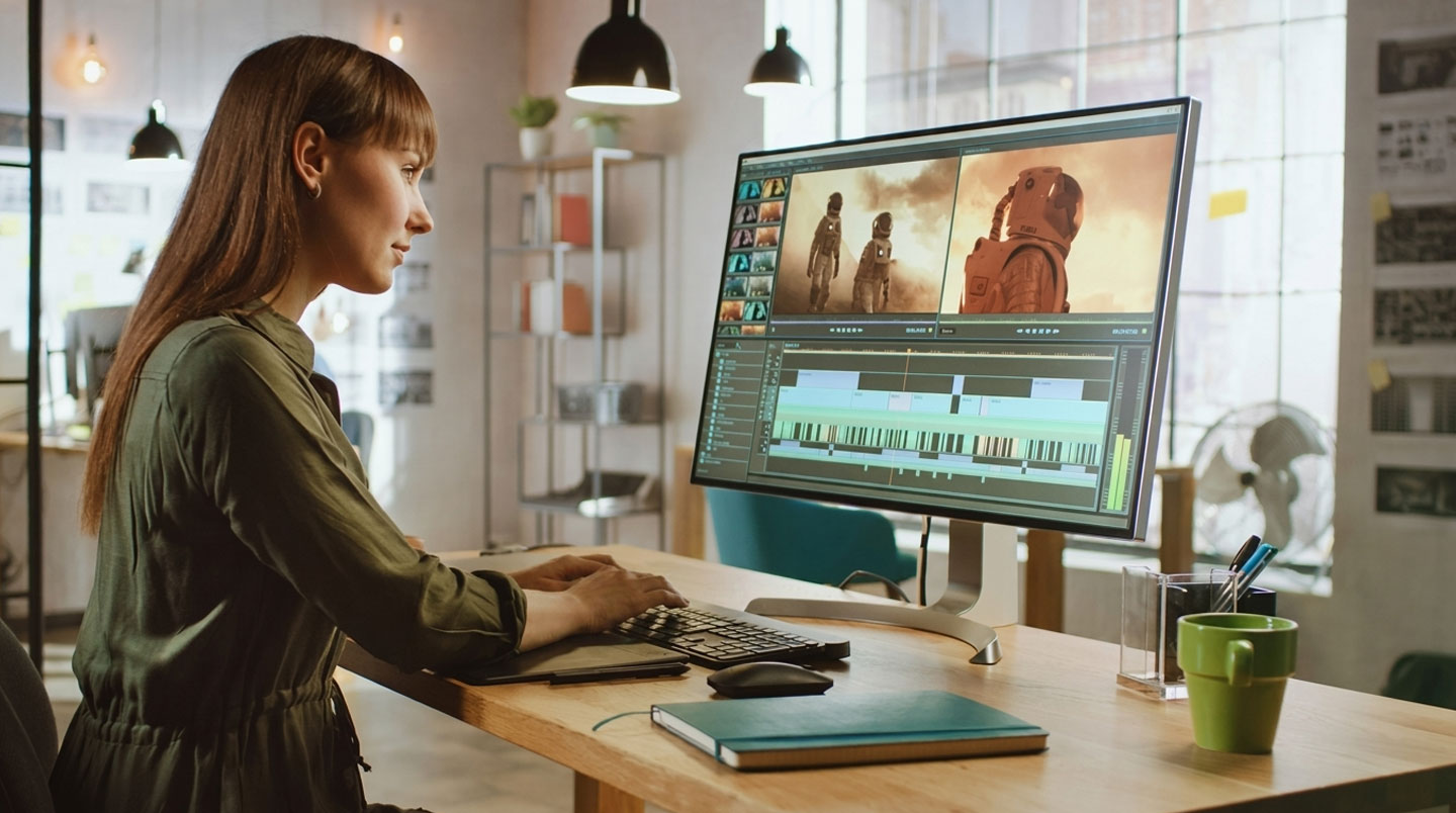 Contemporary office workspace with large monitor displaying video thumbnails in various aspect ratios including 9:16 vertical, 16:9 landscape, and 1:1 square formats, bright natural daylight