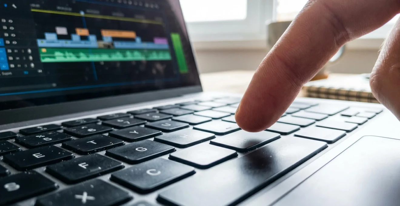 Extreme close-up of a finger hovering over laptop keyboard keys with a subtitle editing interface visible on the screen in soft blur
