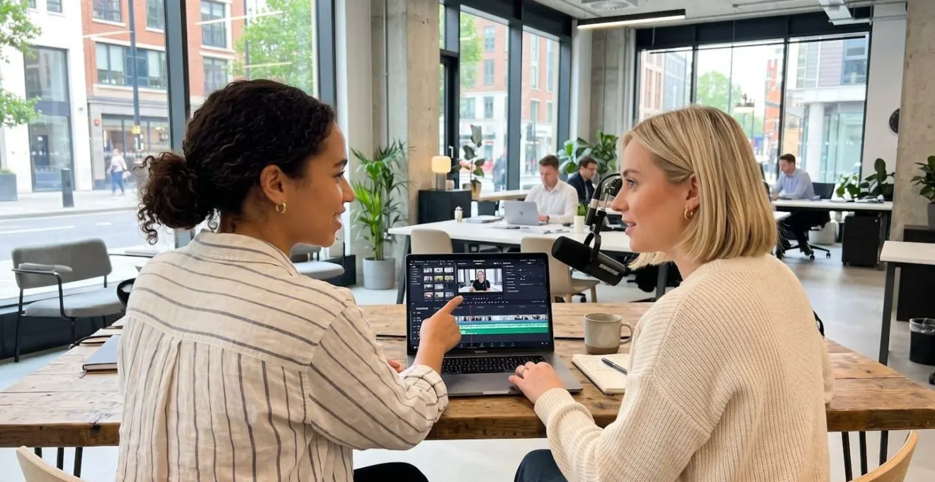 Two colleagues collaborating at a bright modern workspace, one gesturing towards a laptop screen whilst the other reviews content on a tablet