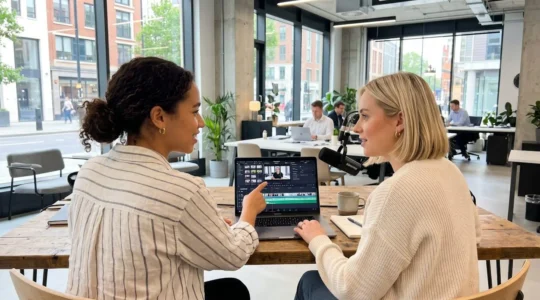 Two colleagues collaborating at a bright modern workspace, one gesturing towards a laptop screen whilst the other reviews content on a tablet