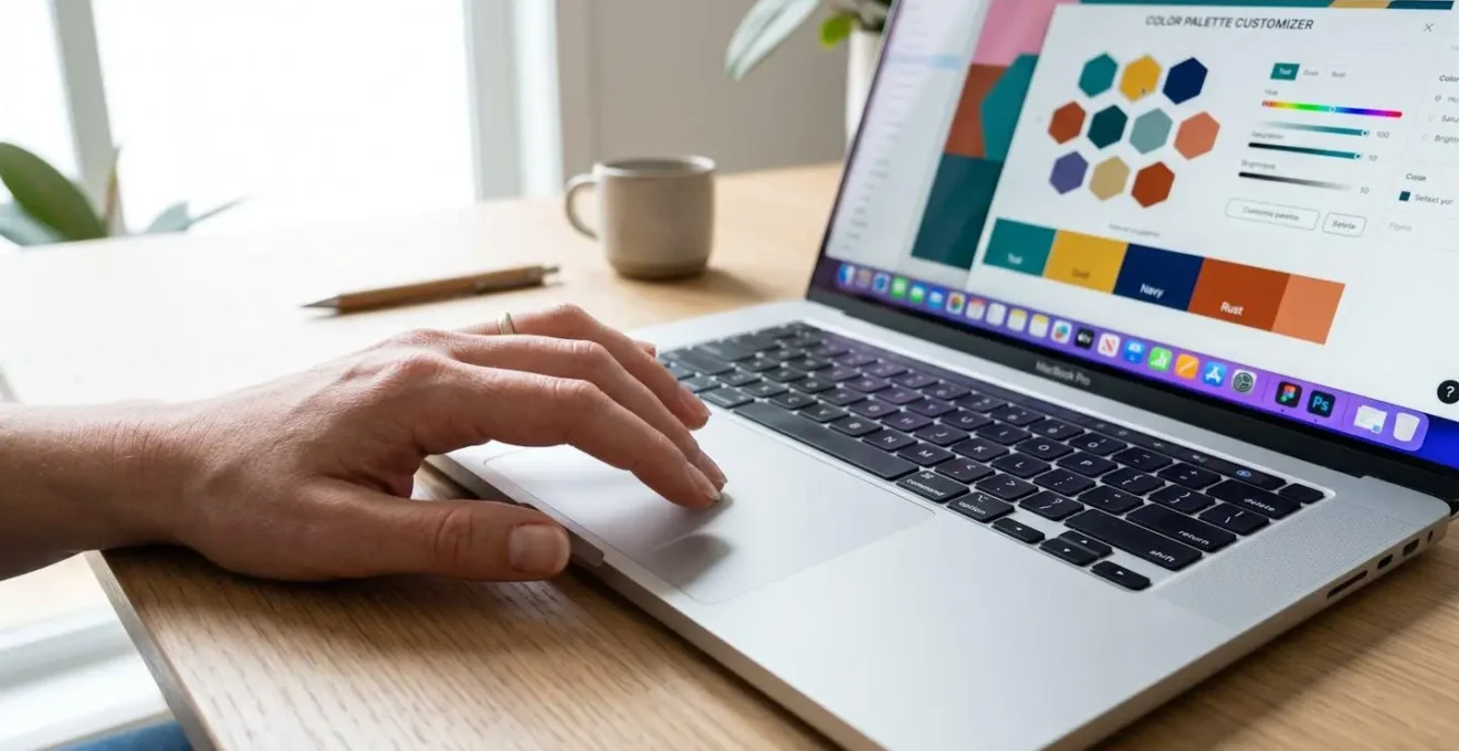 Close-up view of hands using a laptop trackpad to customise an infographic's colour palette, with the screen content softly blurred in the background