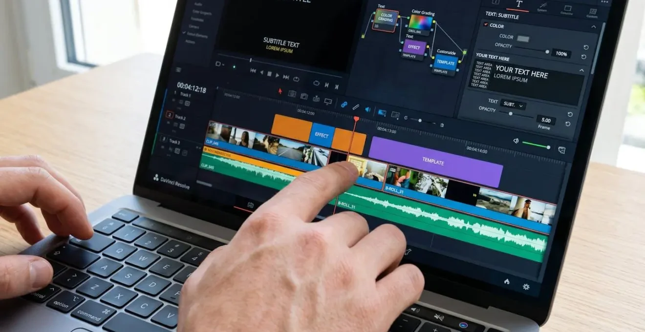 Close-up view of hands adjusting video timeline elements on a laptop screen with customisable template interface visible