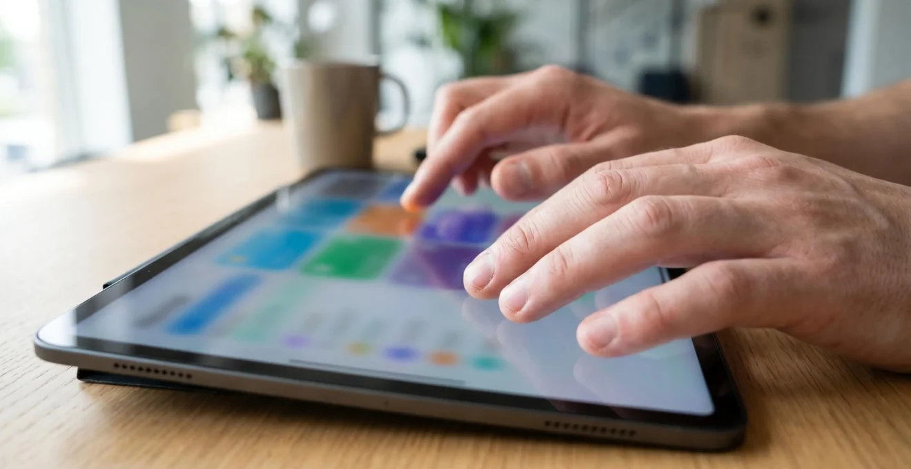 Close-up of hands touching a modern tablet screen showing a colourful editing interface with timeline and blocks, workspace surface visible, shallow depth of field