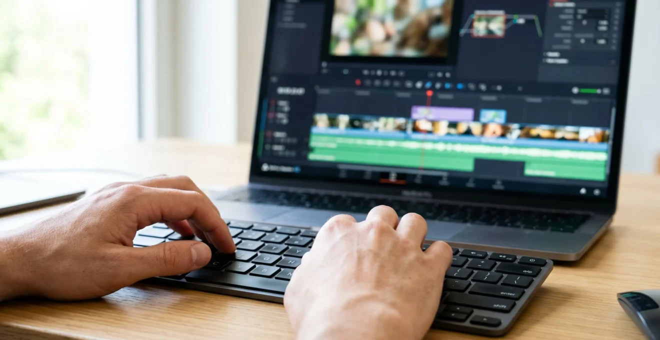 Extreme close-up of hands typing on keyboard with video editing timeline softly blurred on monitor in background