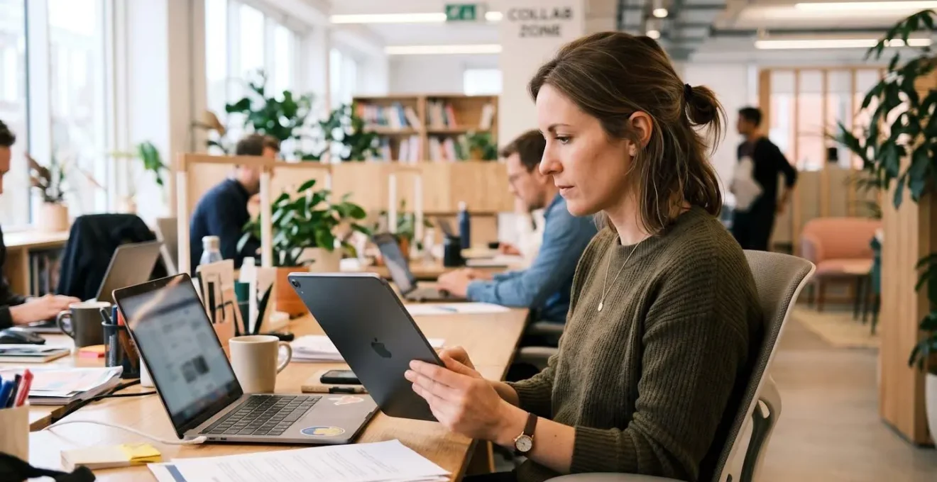 Marketing professional in profile holding a tablet and reviewing content, concentrated expression, modern office background softly blurred
