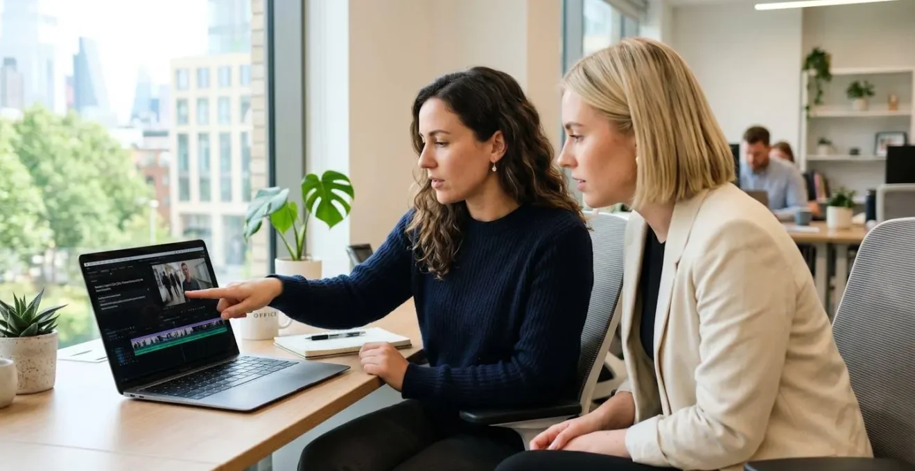 Two marketing professionals sitting at a modern office desk reviewing video content with subtitles displayed on a laptop screen
