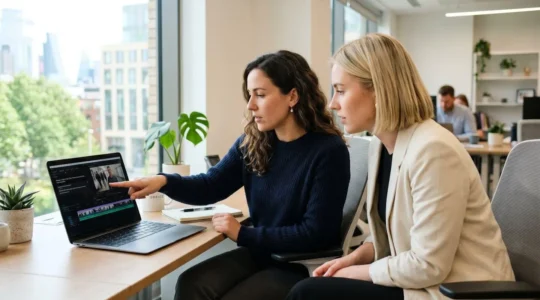 Two marketing professionals sitting at a modern office desk reviewing video content with subtitles displayed on a laptop screen