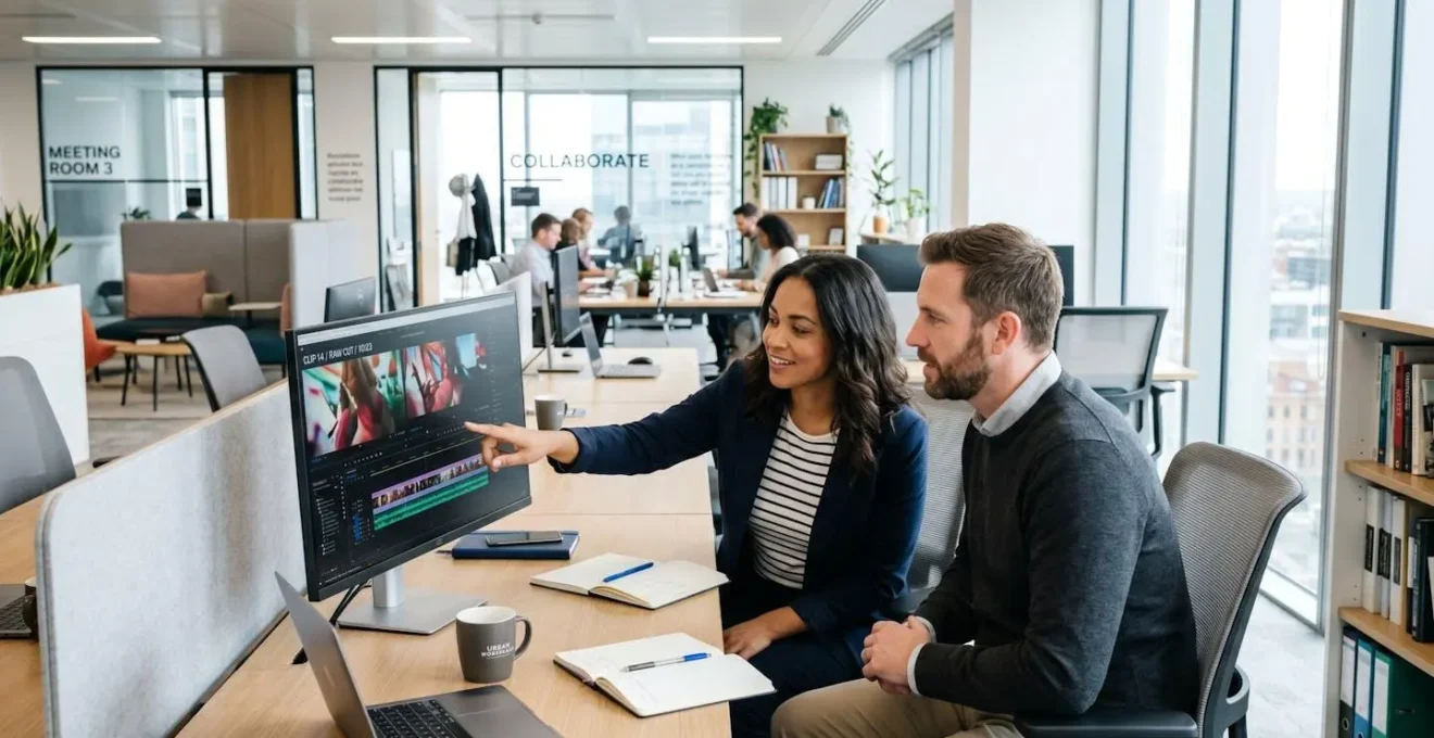 Two marketing professionals reviewing video timeline on laptop in bright modern office, natural collaborative interaction