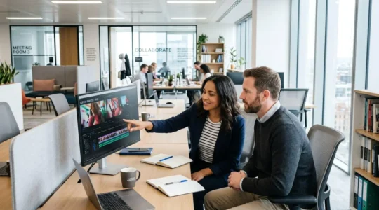 Two marketing professionals reviewing video timeline on laptop in bright modern office, natural collaborative interaction