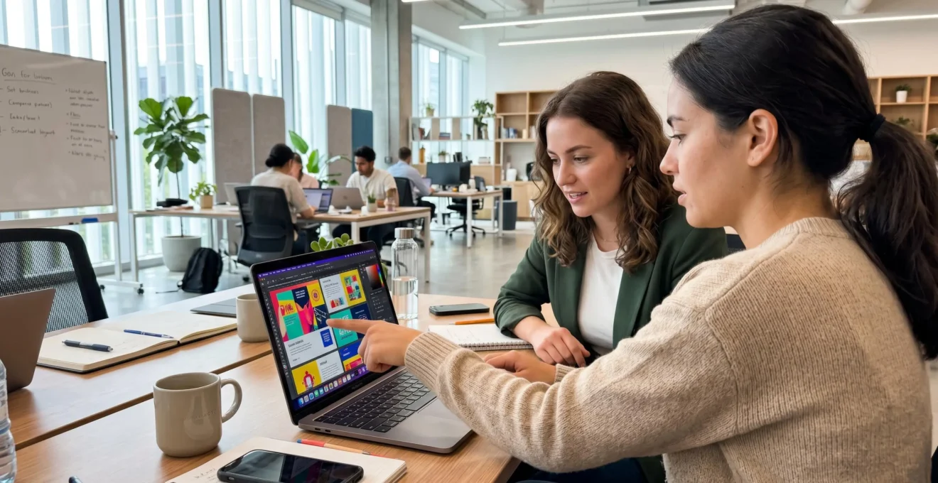 Two marketing professionals collaborating at a laptop in a bright modern office, reviewing colourful content on screen during a strategy meeting