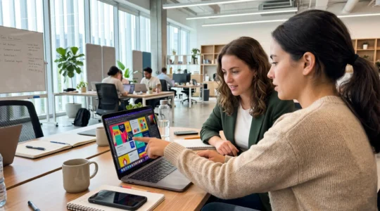 Two marketing professionals collaborating at a laptop in a bright modern office, reviewing colourful content on screen during a strategy meeting