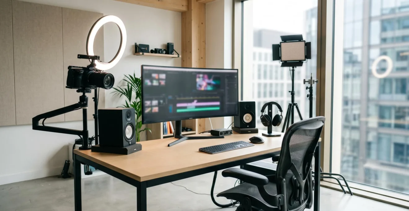 Wide angle view of a modern content creation studio with professional ring lights, camera equipment, and an empty creator desk featuring a monitor