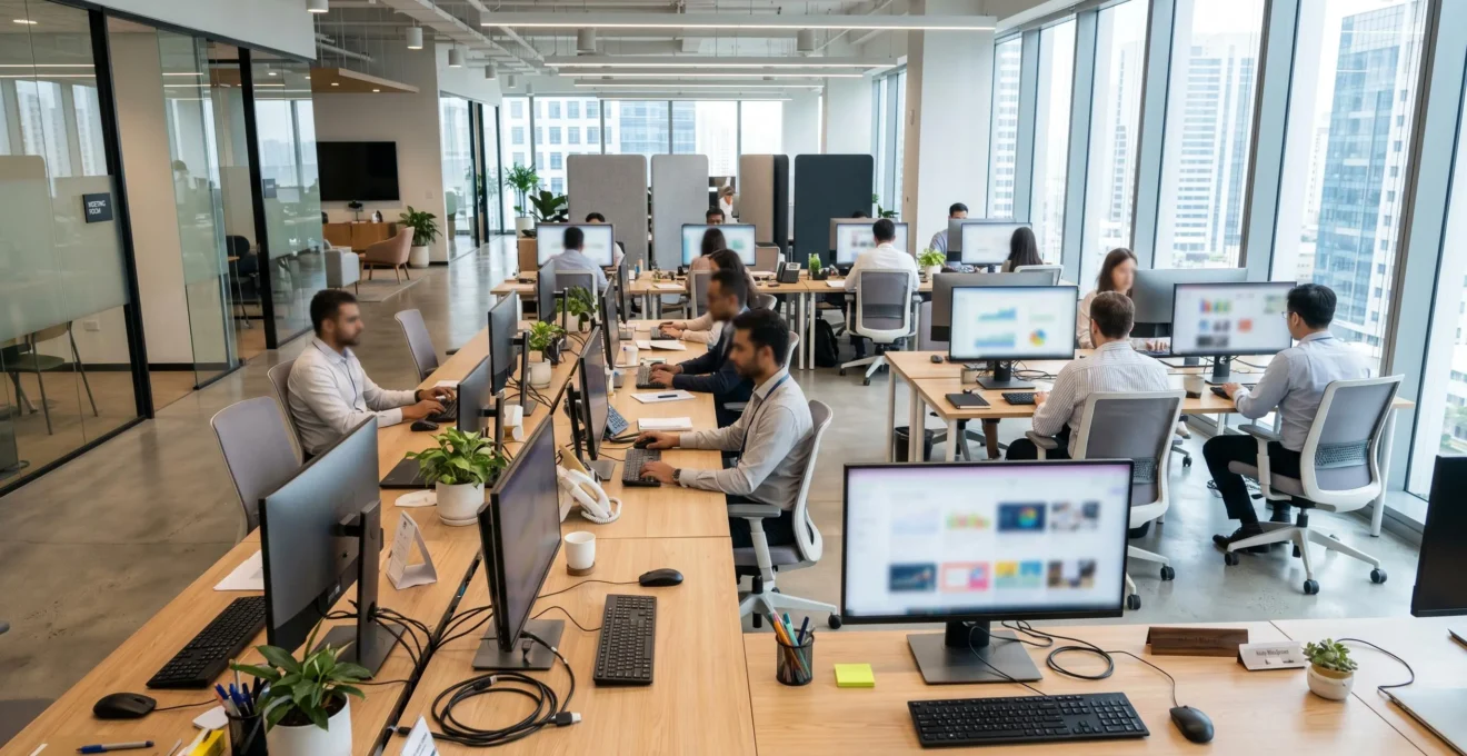 Contemporary open-plan office workspace with multiple large monitors displaying colourful content dashboards and video thumbnails, bright natural light from floor-to-ceiling windows