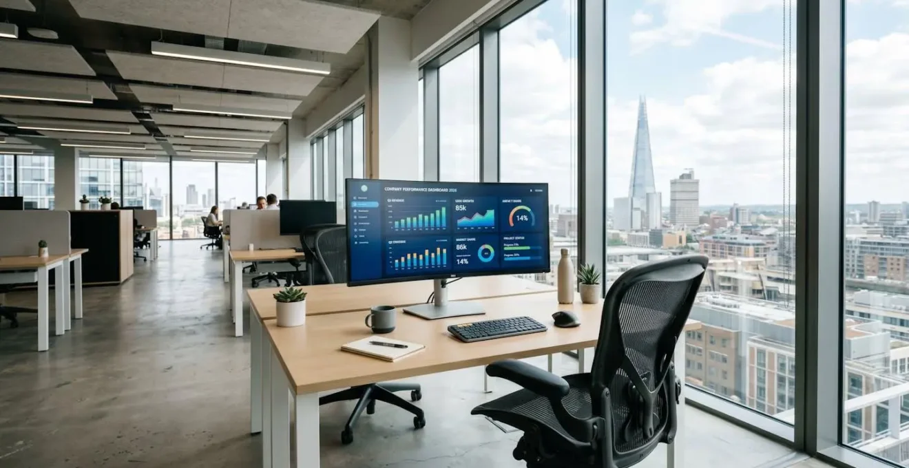 Contemporary creative workspace featuring a large monitor displaying an infographic dashboard, bright office interior with natural light, clean organised desk, empty chair