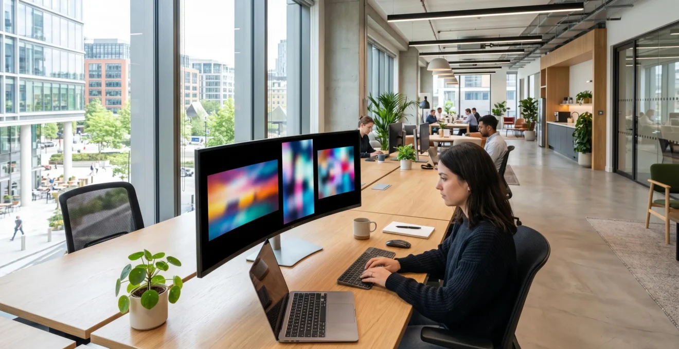 Contemporary office workspace with large monitor displaying video thumbnails in various aspect ratios including 9:16 vertical, 16:9 landscape, and 1:1 square formats, bright natural daylight