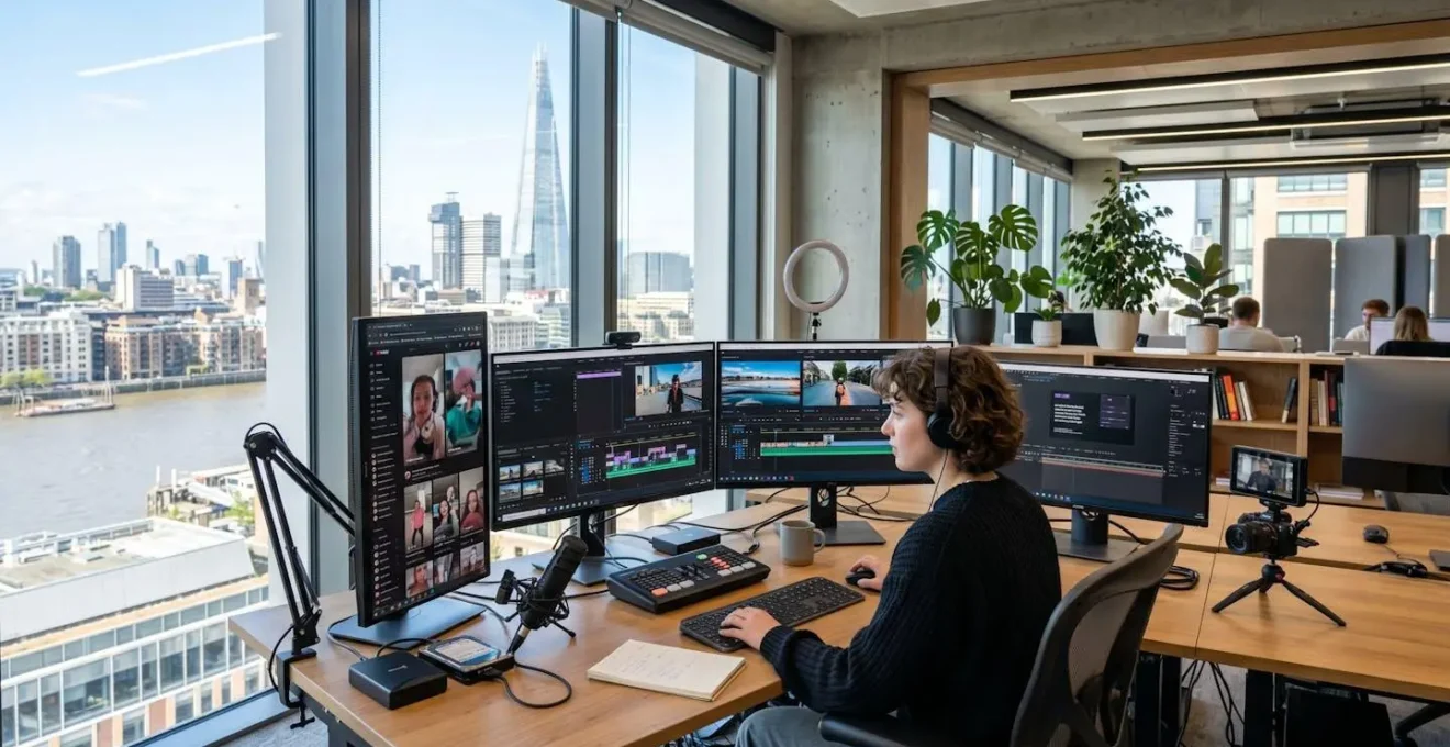 Wide view of a contemporary content workspace with dual monitors displaying vertical and horizontal video formats alongside editing interface